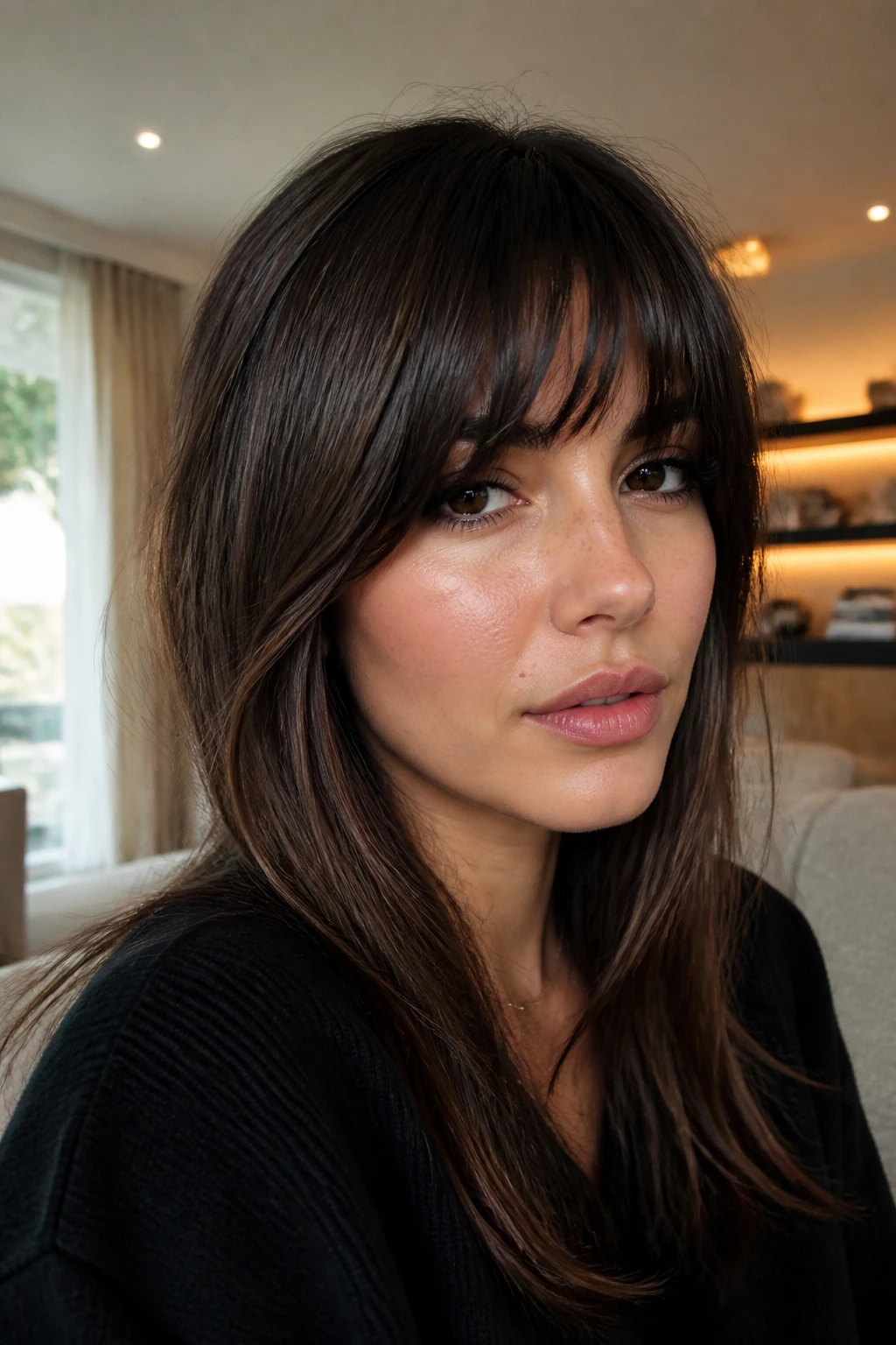 Close-up portrait of a real woman with cheekbone-frame fringe grazing the cheekbone