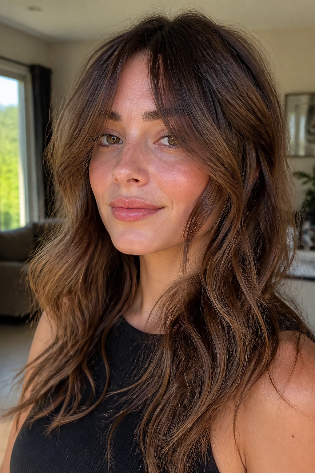 Close-up of a real woman with cheekbone split fringe and face-framing ribbons