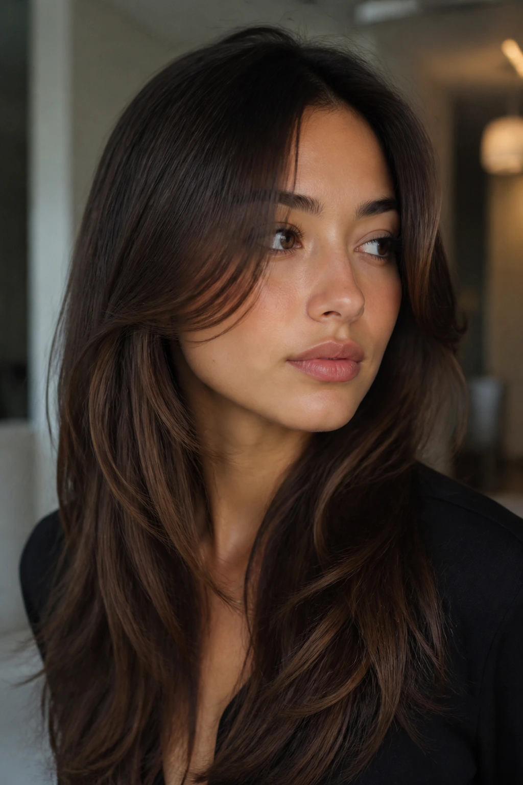 Portrait of a woman with cheekbone-grazing face-framing layers.