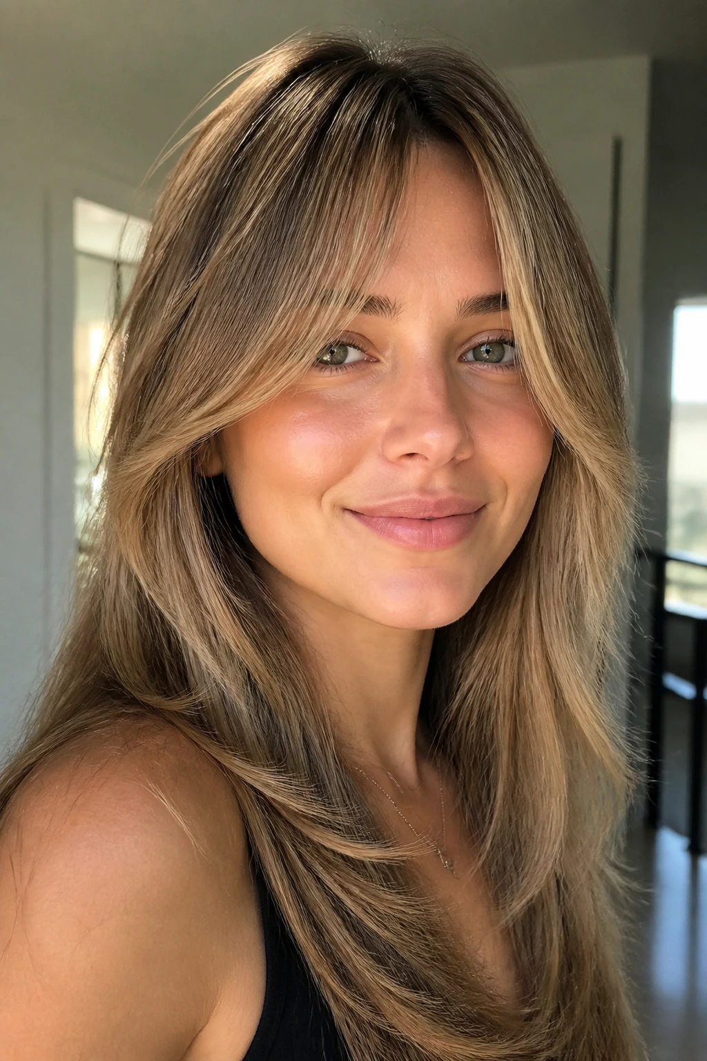 Portrait of a woman with cheekbone-grazing fringe blending into long layers