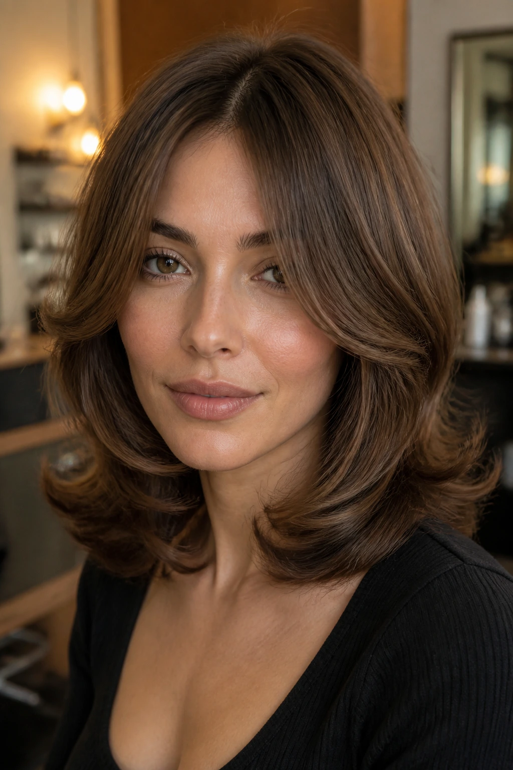 Close-up of a real woman with cheekbone layers and a 60s bend around the face.