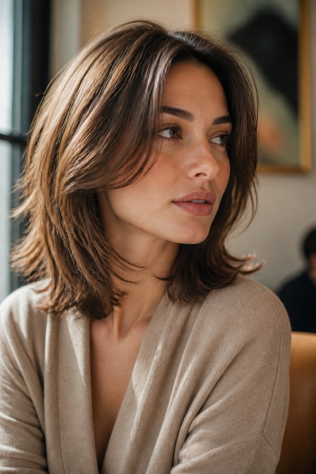 Portrait of a real person with cheekbone-height layers forming a lifted frame.