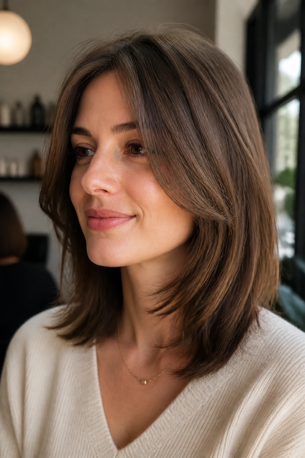 Close-up of a real woman with cheekbone-grazing layers framing her face under natural window light