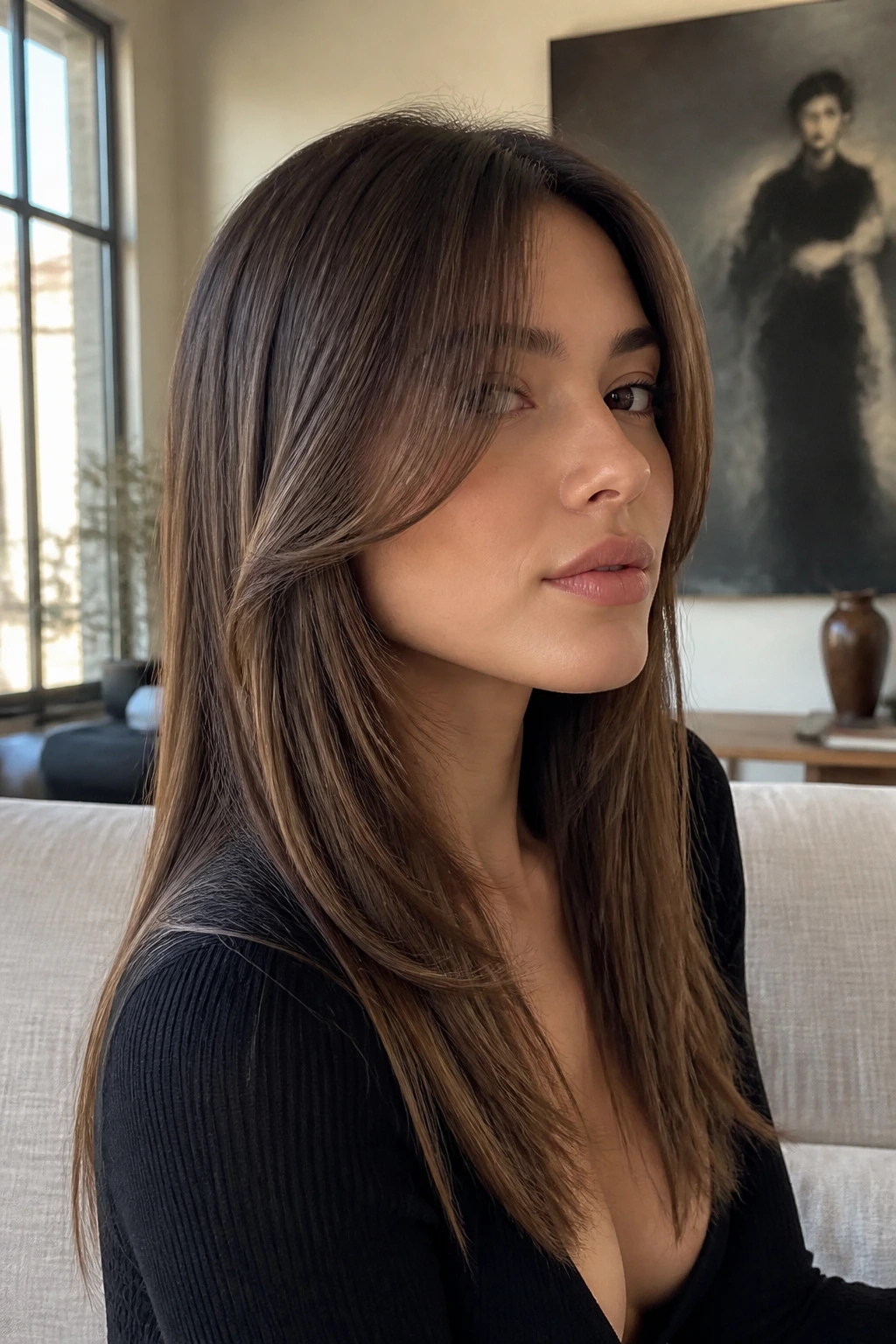 Portrait of a real woman with cheekbone-starting face-framing layers