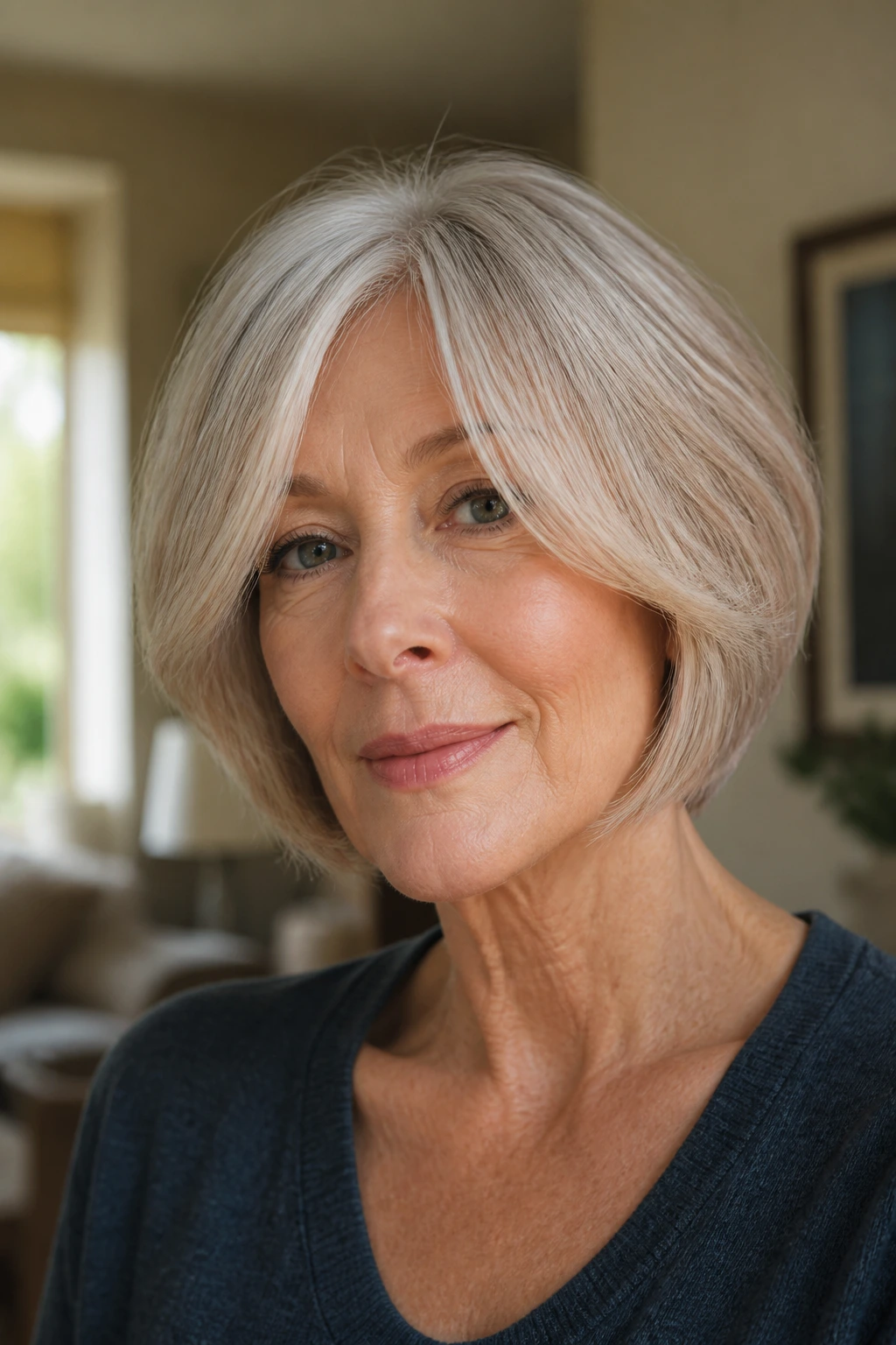Close-up portrait of a real woman with cheekbone-skimming layers framing her face in warm window light.
