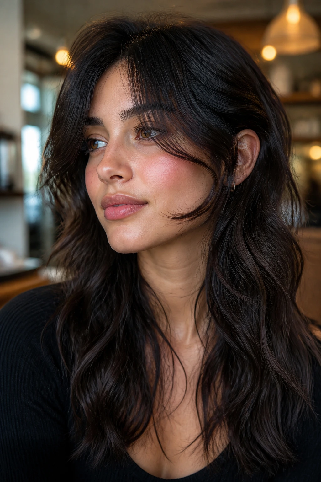 Cheekbone-shatter layers framing the face on thick waves