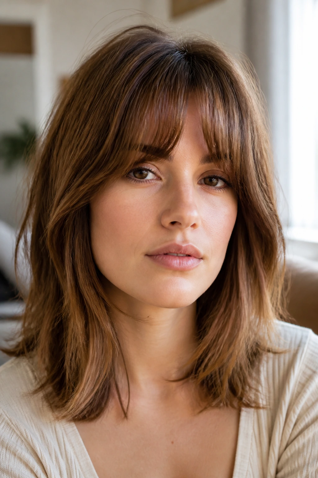 Portrait of a real woman with cheekbone-length French fringe and a soft bend