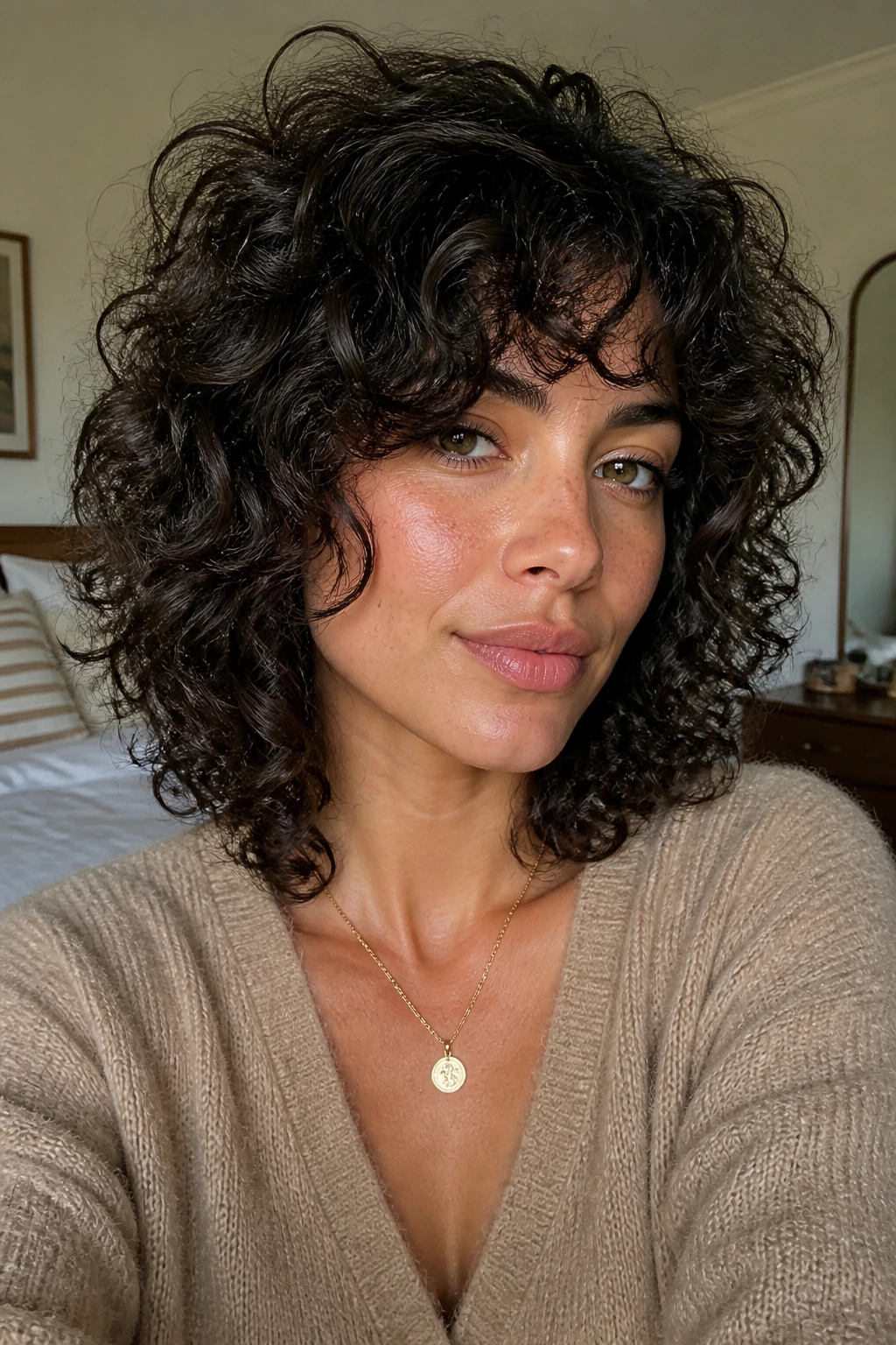 Close-up portrait of a real woman with Cheekbone-Lift Shag thick curls framing the face