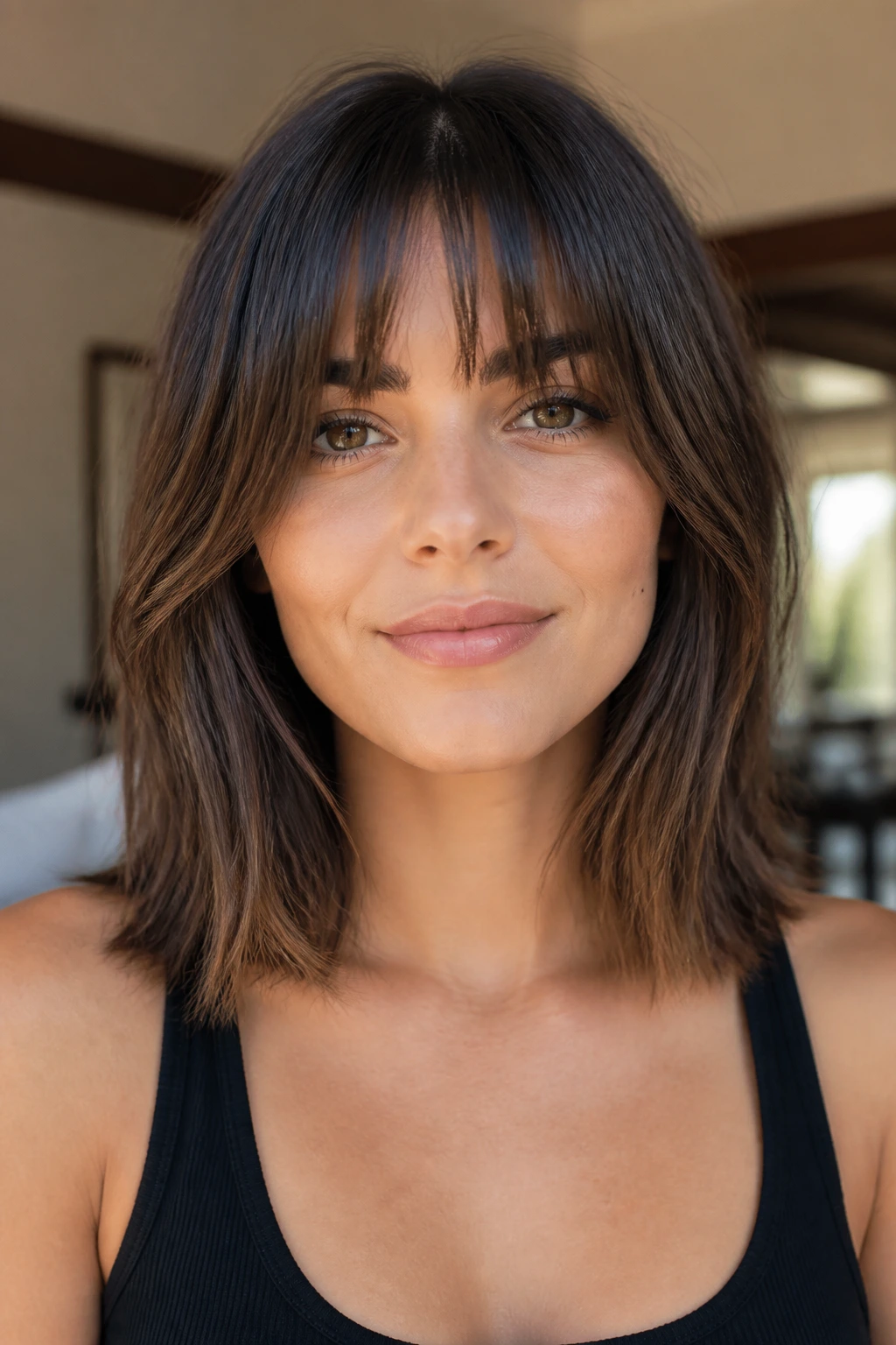 Portrait of a person with cheekbone-linking bangs.