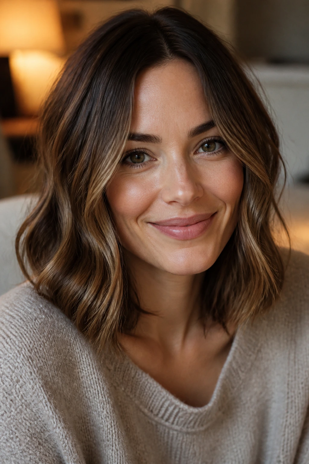 Portrait of a real woman with a cheekbone-grazing lob and soft waves balancing a long face