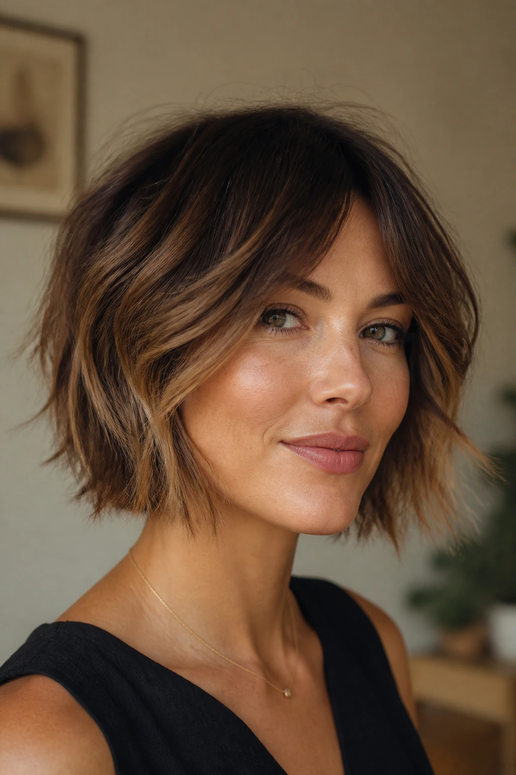 Close-up of a real woman with cheekbone-opening shag bob front pieces kissing the cheeks