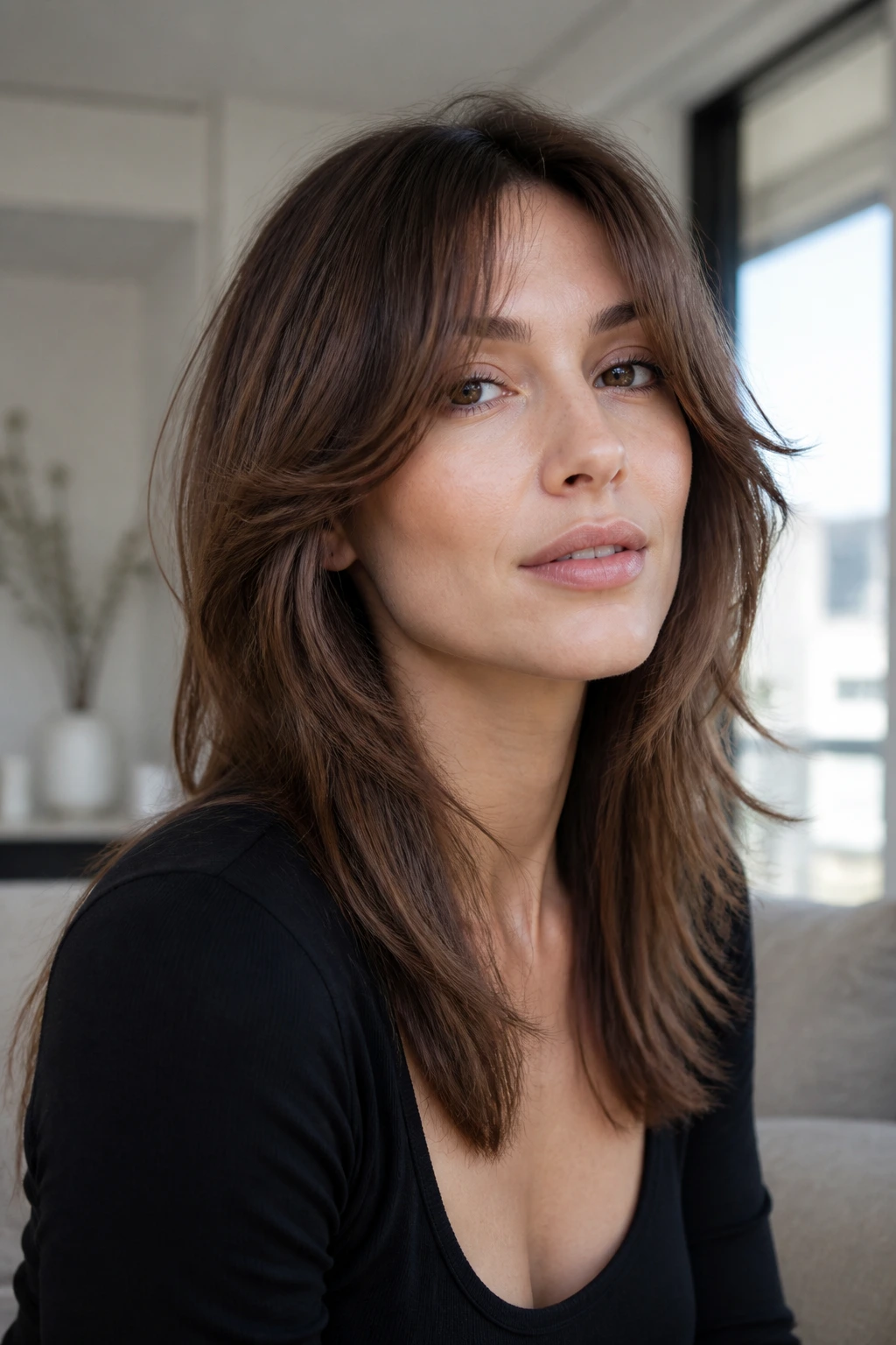 Close-up of a real person with cheekbone-opening shag that frames the cheeks.