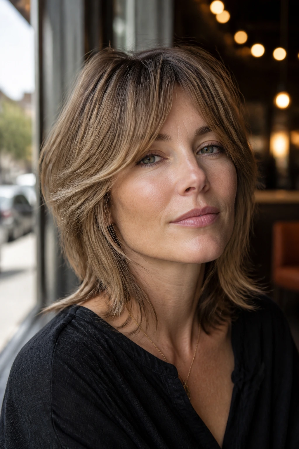 Close-up of a real woman with cheekbone-opening shag framing cheeks