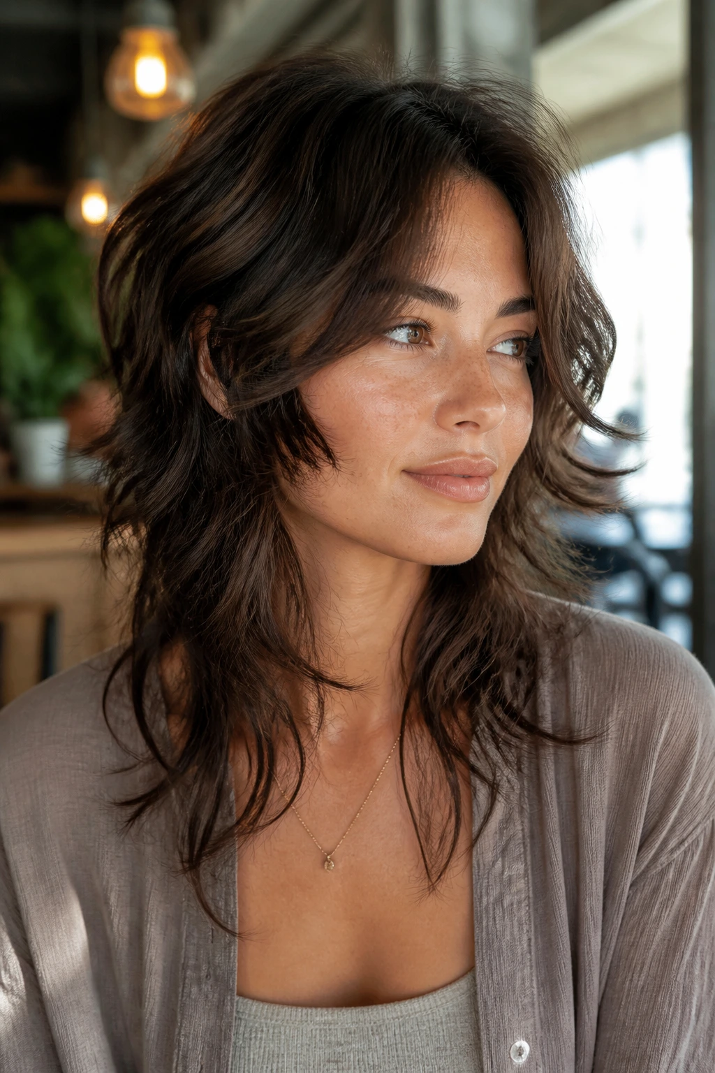 Portrait of a woman with cheekbone-opening wolf cut highlighting face framing