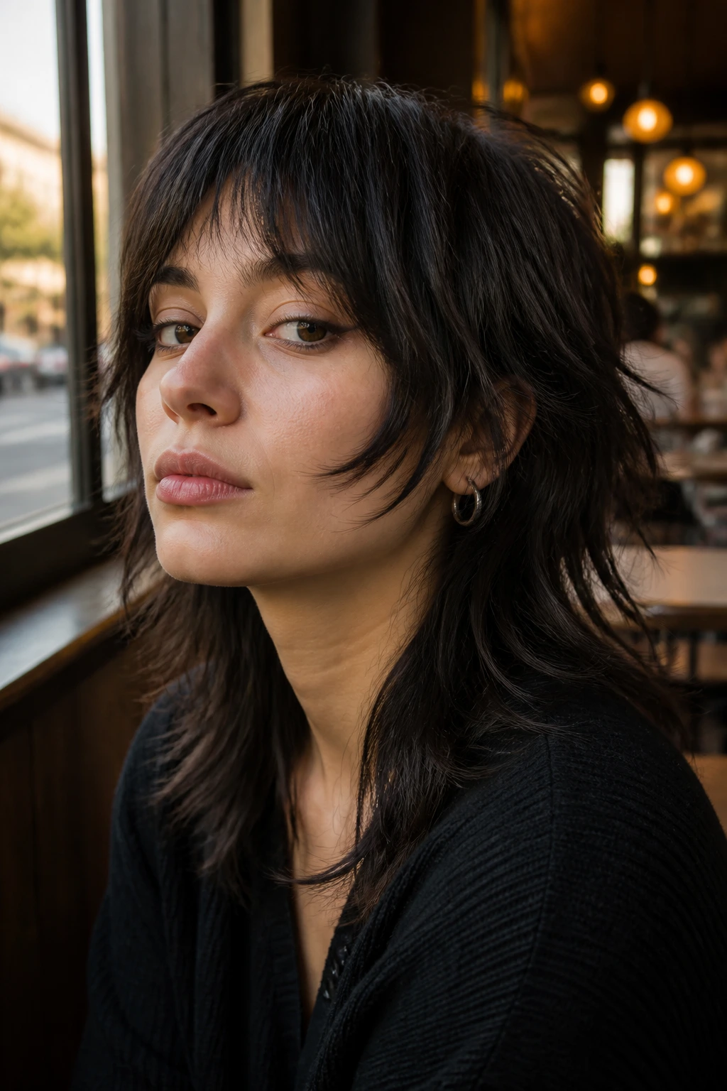Portrait of a real person with cheekbone-piecey mullet in a cafe setting