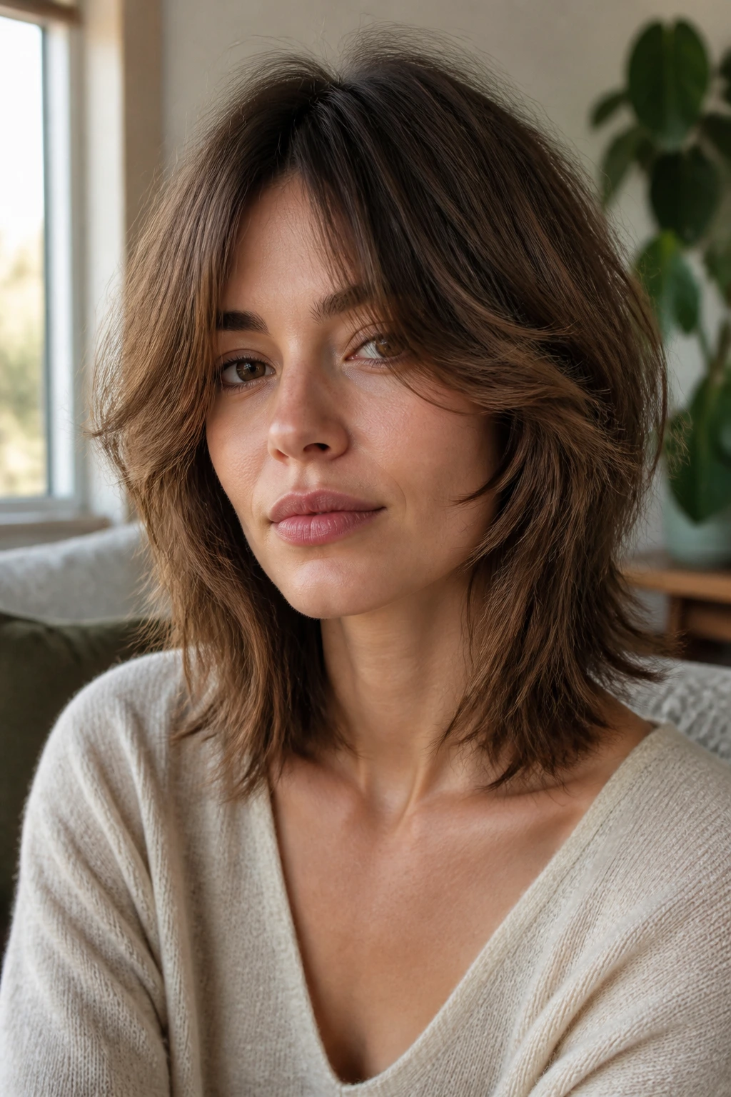 Close-up of a real woman with cheekbone-face-framing shag, front pieces sweeping the cheeks in warm window light.