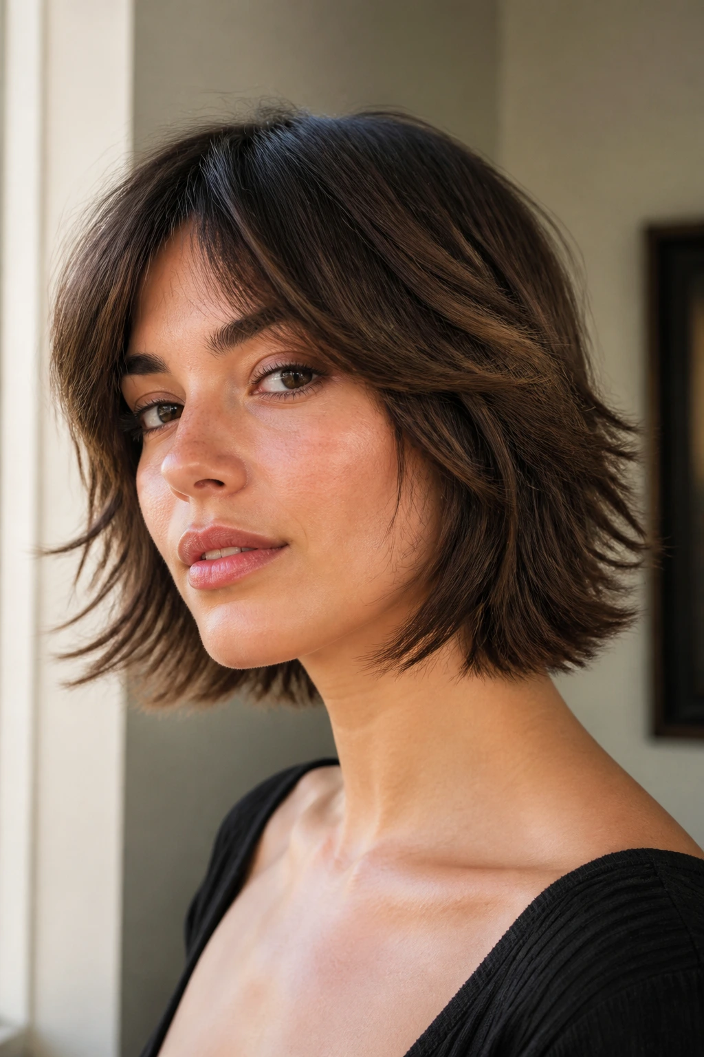 Close-up of a real woman wearing cheekbone-length shag with feathered ends