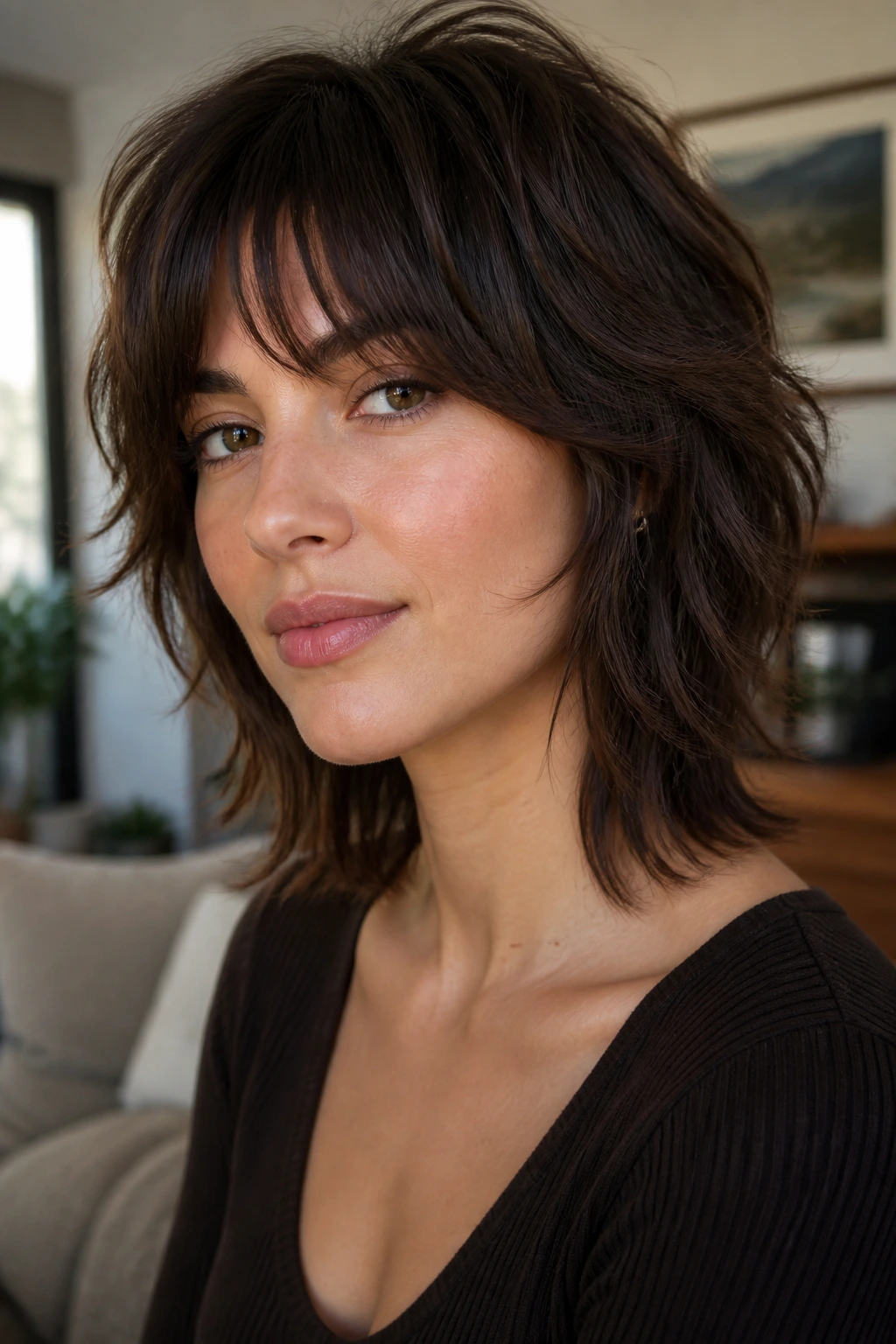 Close-up portrait of a real woman with cheekbone-first layered shag highlighting cheekbone framing and soft layers.