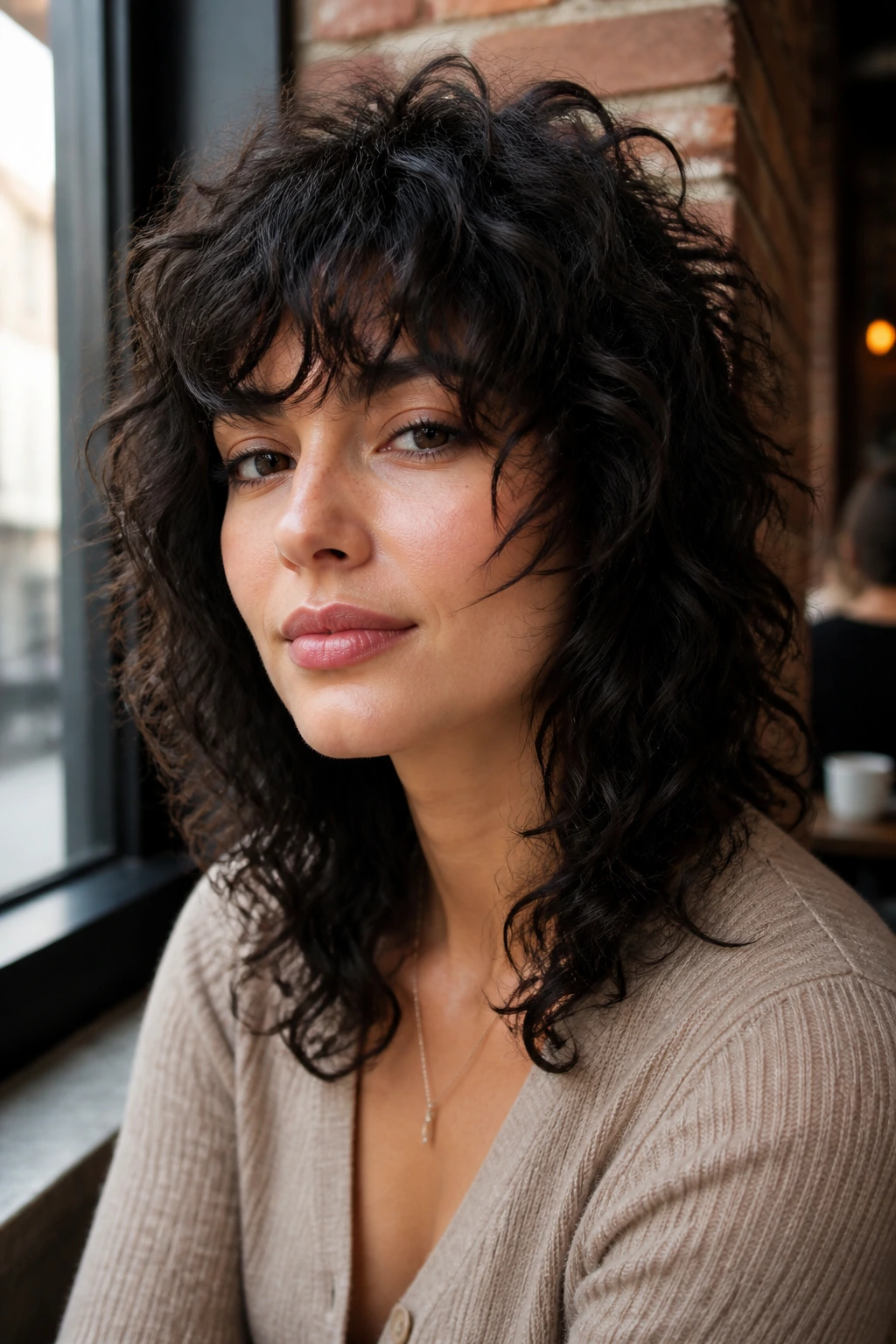 Close-up portrait of a real woman with cheekbone-stretch shag and angled fringe in cafe window light