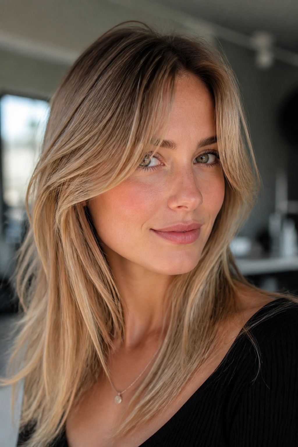 Portrait of a woman with cheekbone sweep curtain bangs