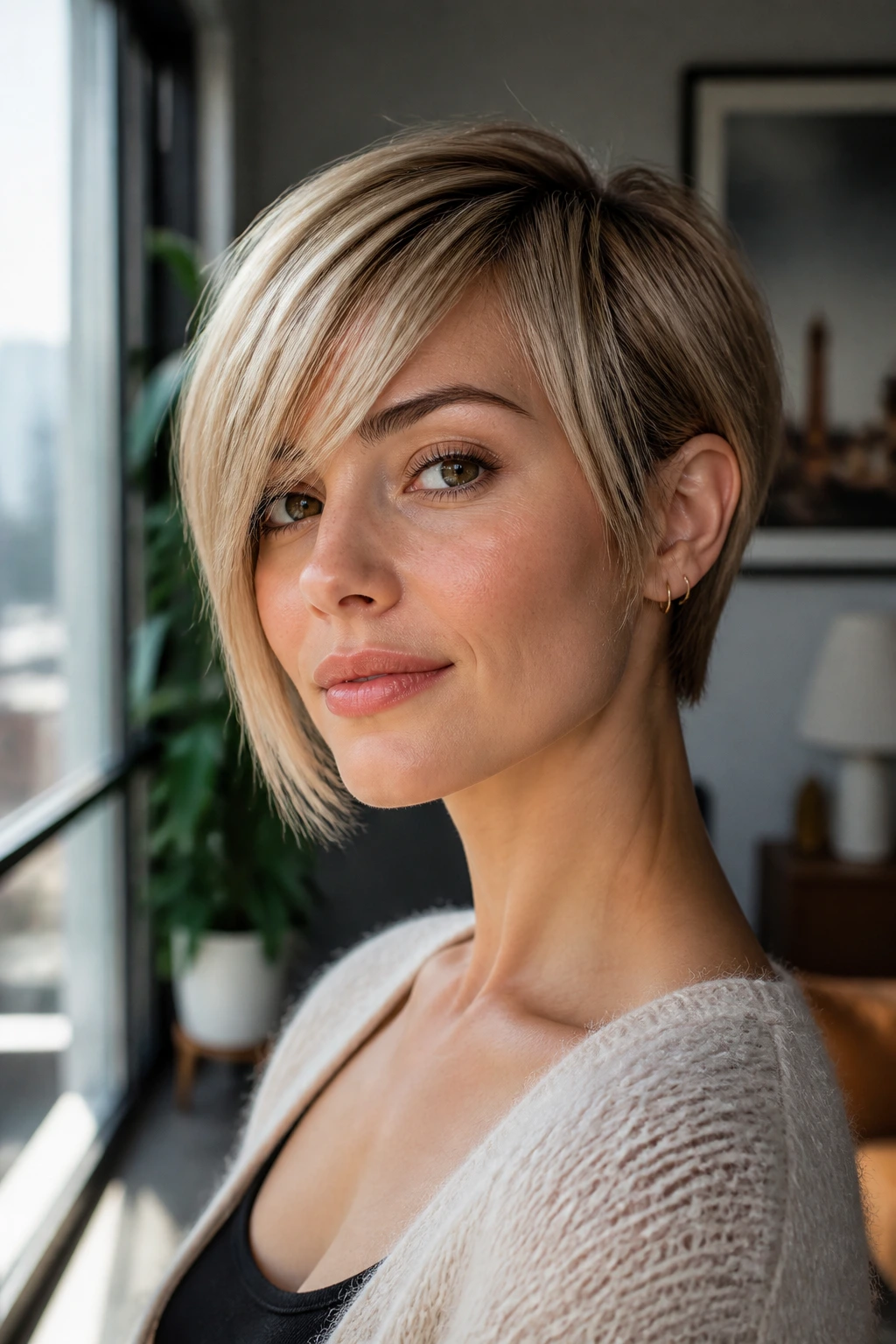 Close-up portrait of a real person with a cheekbone-length fringe sweep