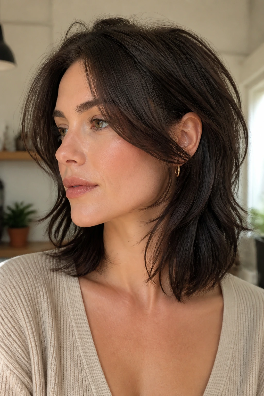 Portrait of a real person with Cheekbone Sweep Wolf showing swept front pieces from cheekbone behind the ear.