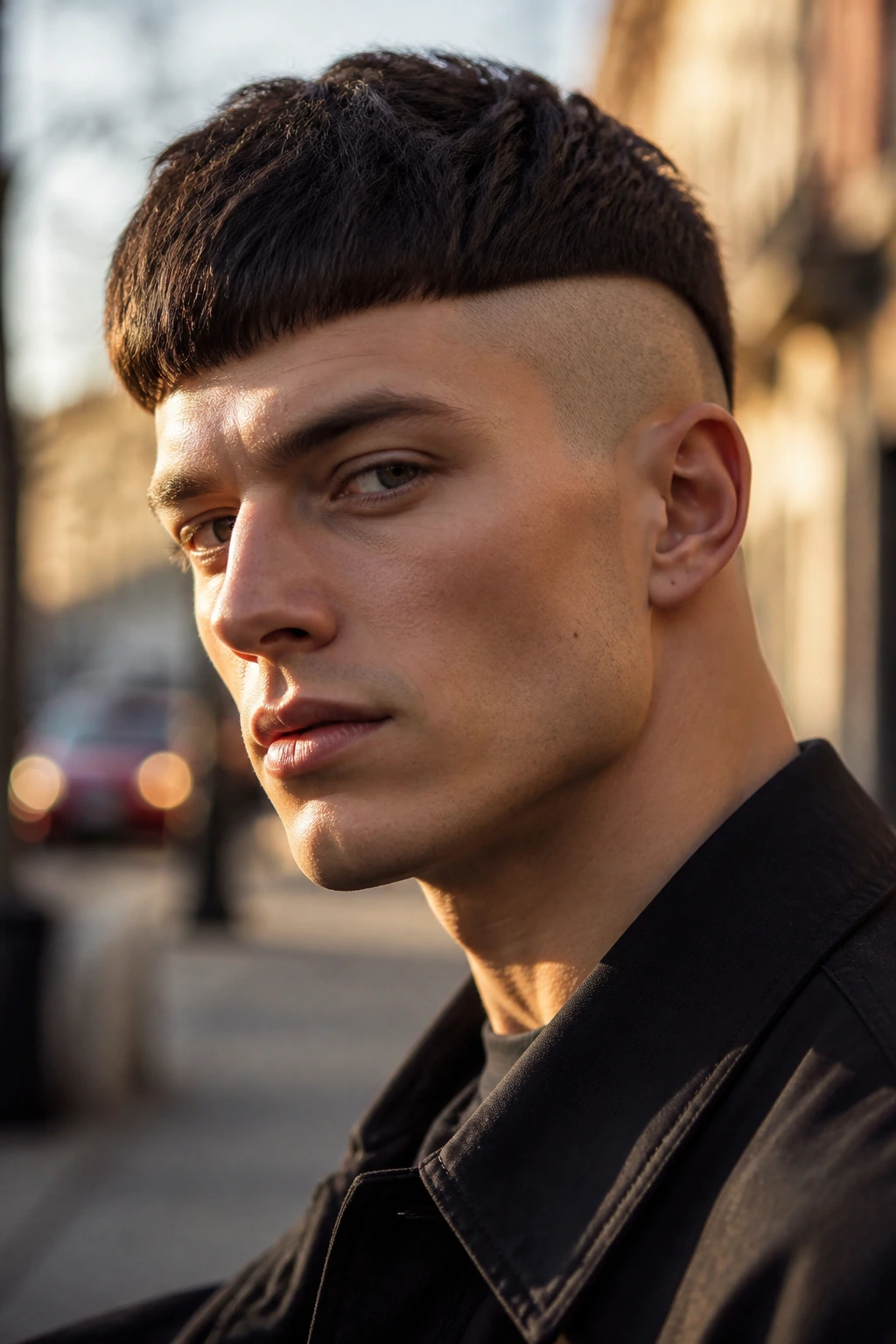Portrait of a person with a bold Chelsea haircut shaping their overall look on a city street