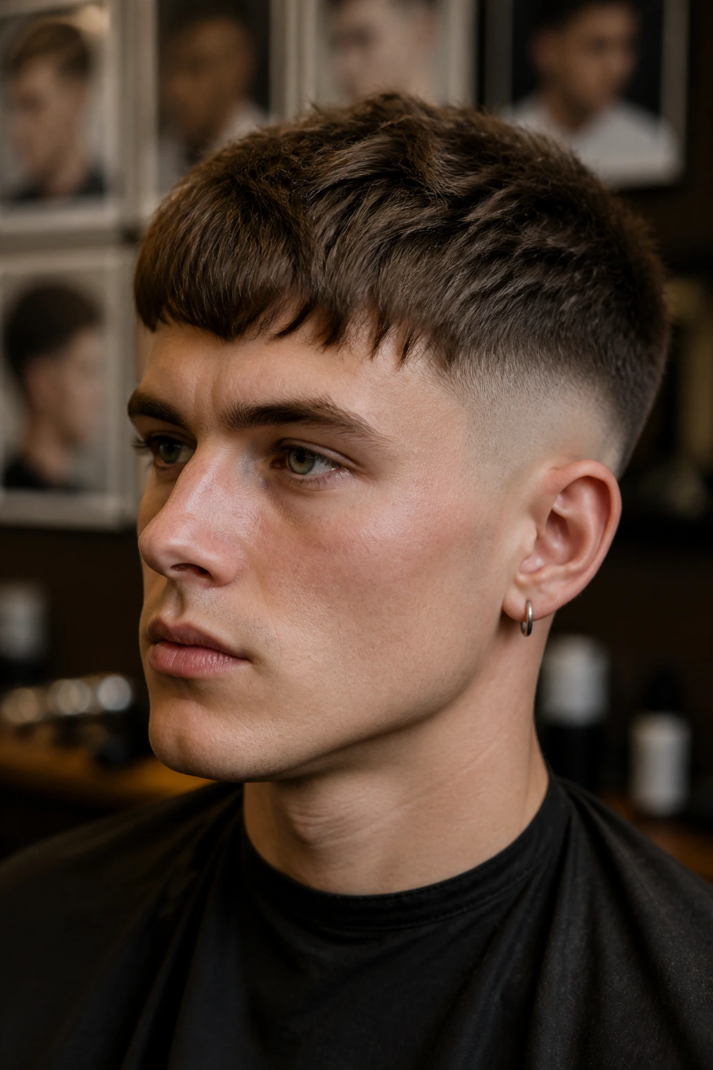 Portrait showing Chelsea cut emphasizing hairline and texture considerations.