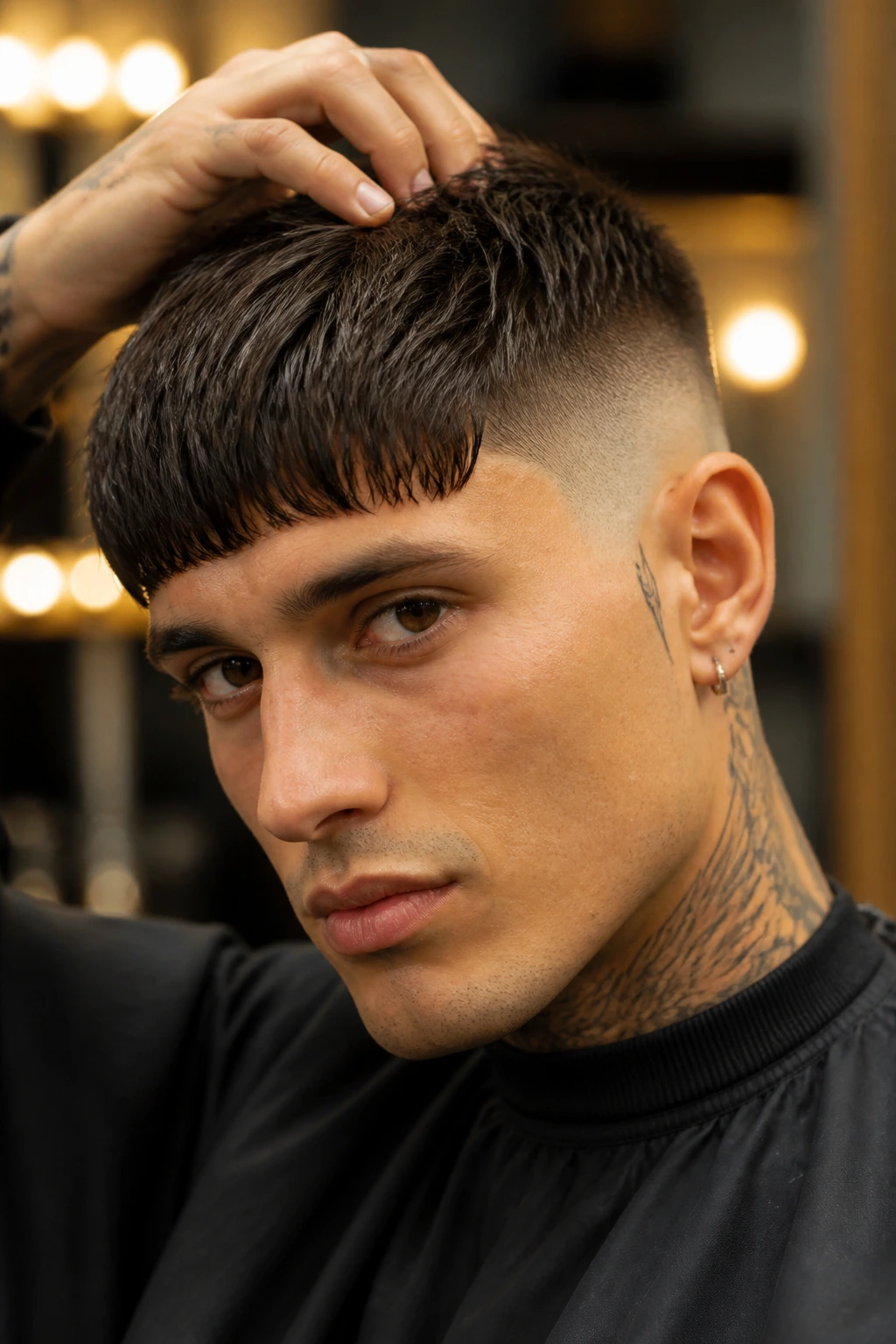 Portrait of a person showcasing styling moves for a sharp Chelsea cut with directed fringe.