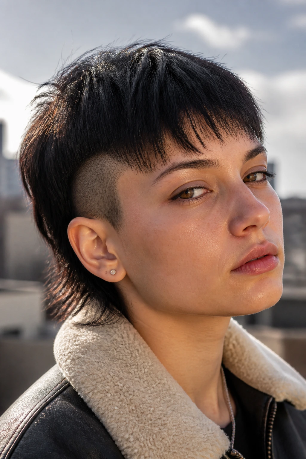 Close-up portrait of a real person with a Chelsea cut featuring an undercut panel in urban daylight
