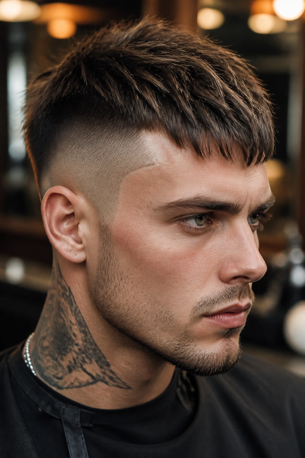 Close-up portrait of a person with a bold Chelsea cuts silhouette featuring shaved sides and a strong top.