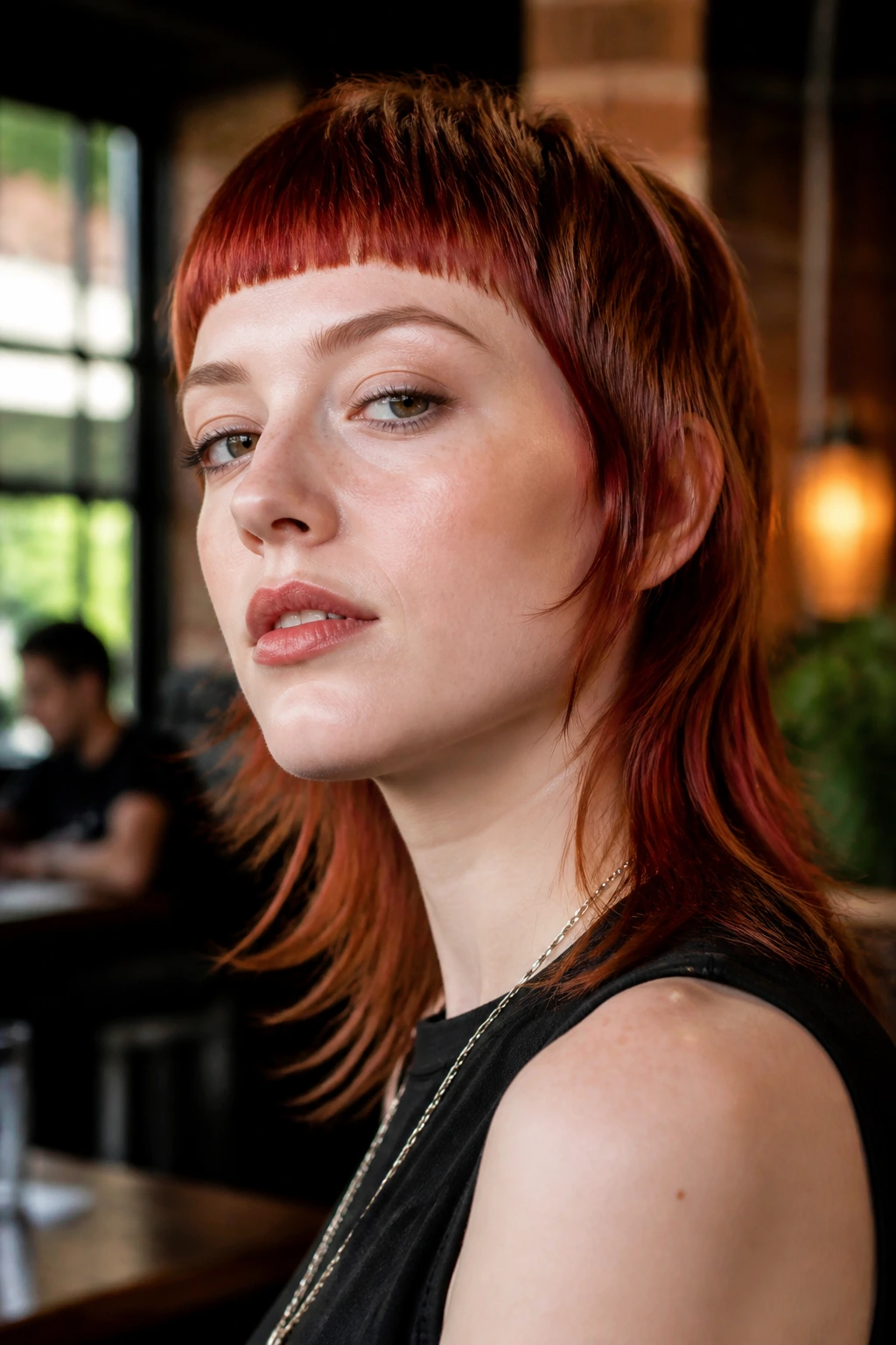 Real person with cherry auburn micro-fringe mullet.