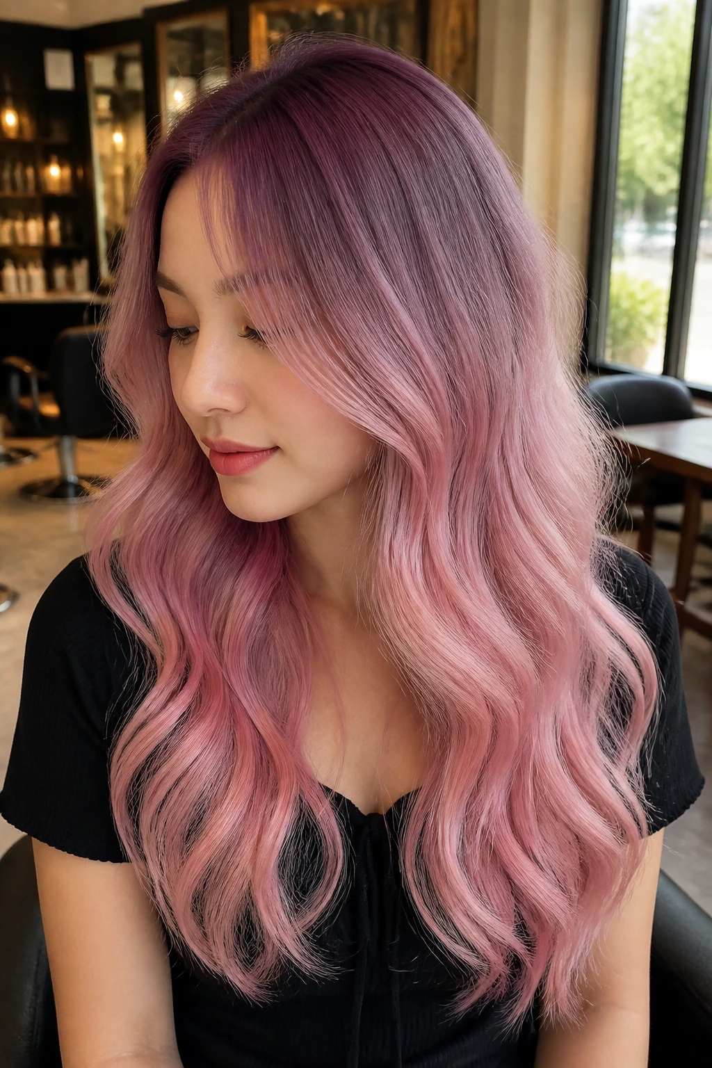 Close-up of hair with cherry blossom melt showing soft root to pink ends