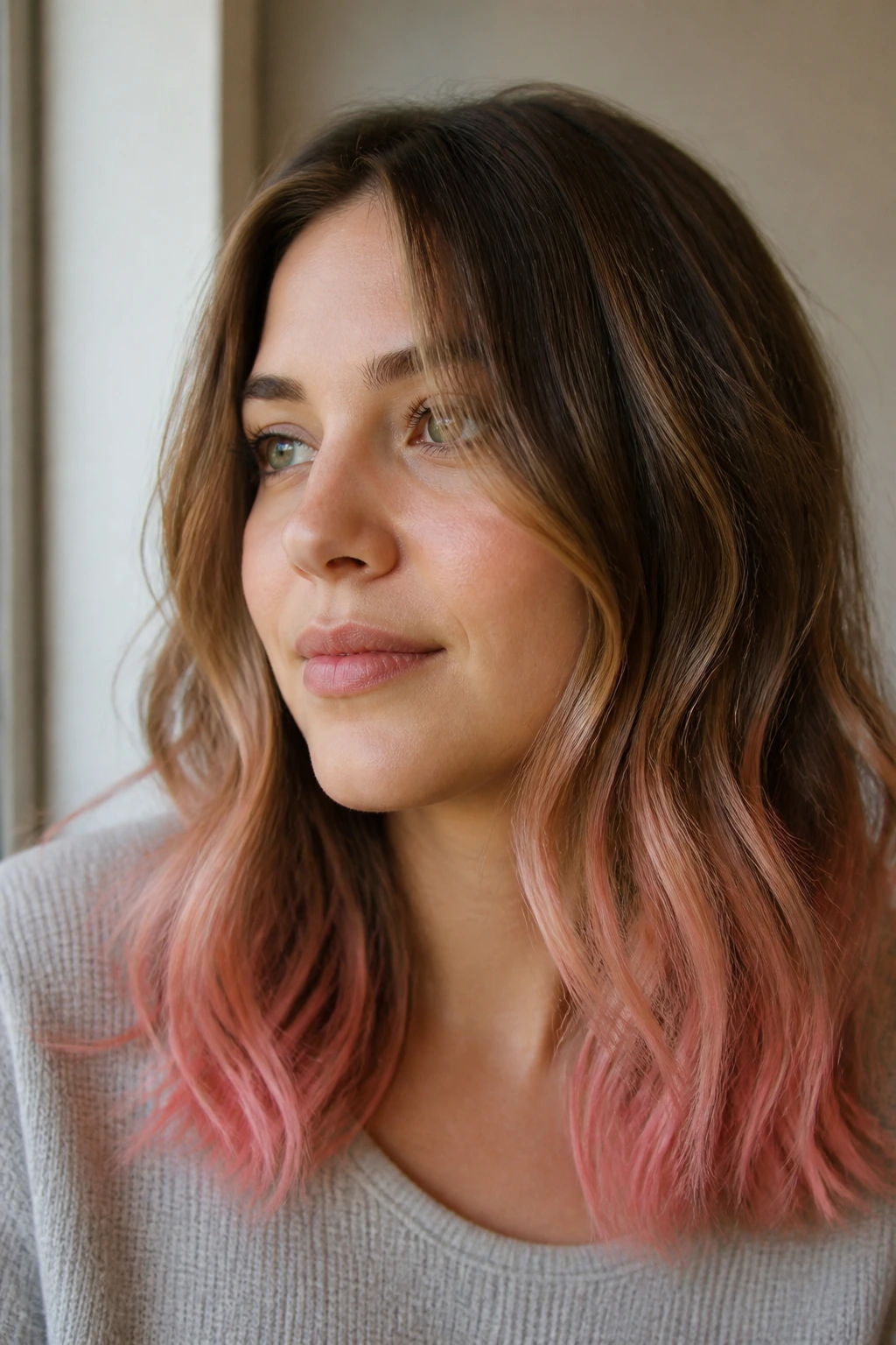 Close-up of cherry blossom tip-dye hair with pink ends on a real woman