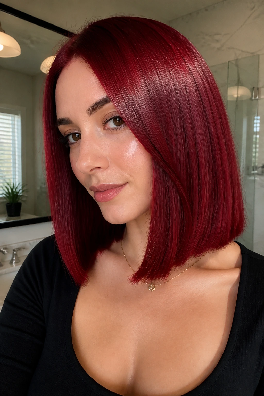 Real woman with blunt lob in cherry red, glossy finish