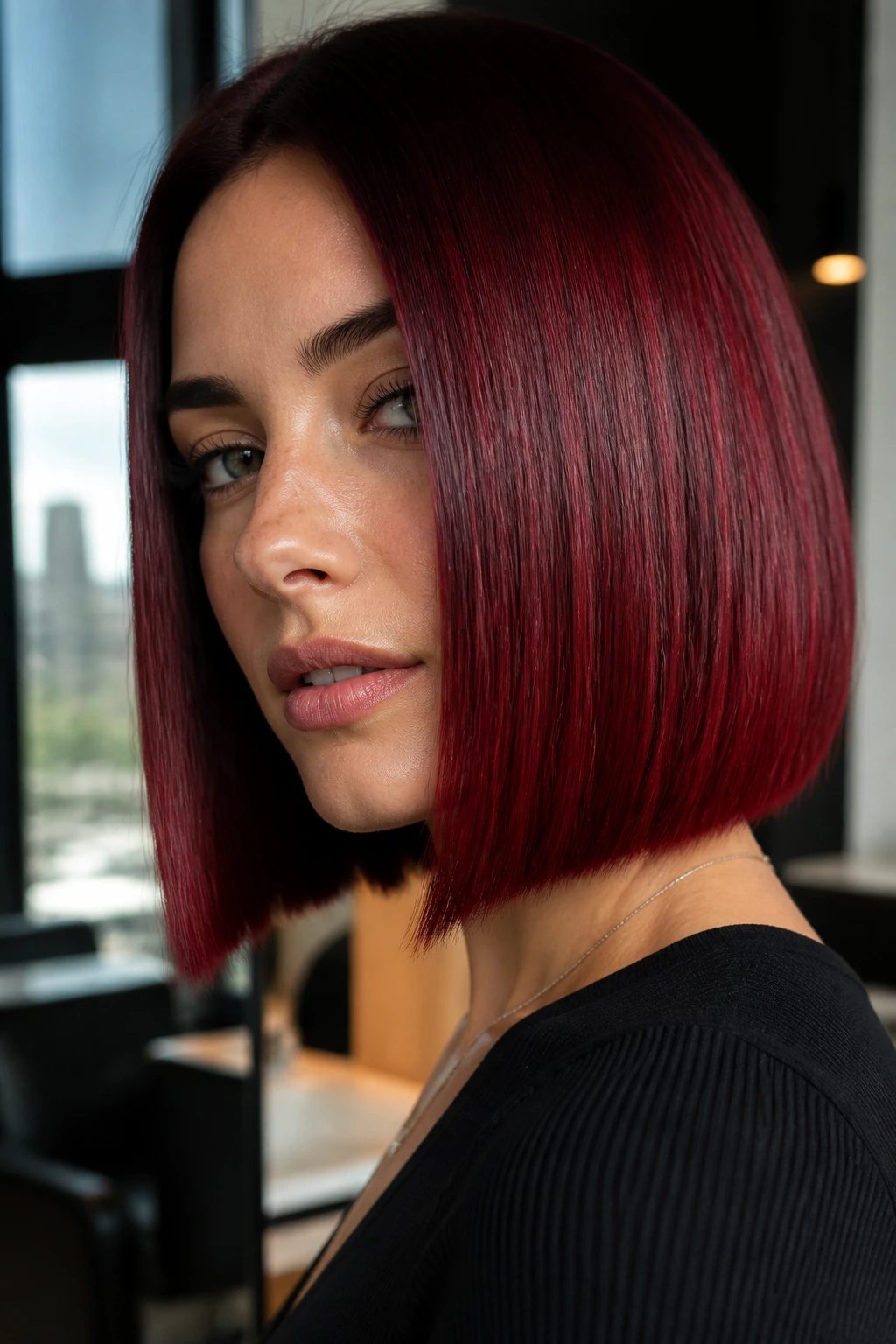 Close-up portrait of a woman with cherry bomb straight hair