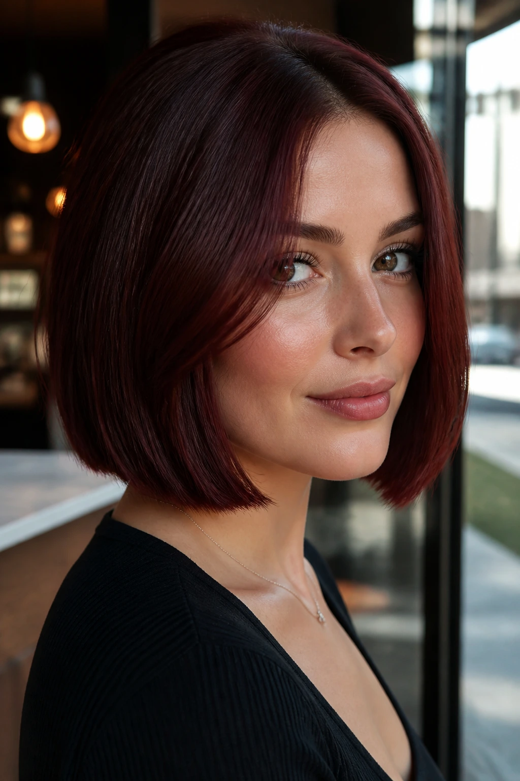 Close-up of a person with cherry cola auburn bob in natural light.