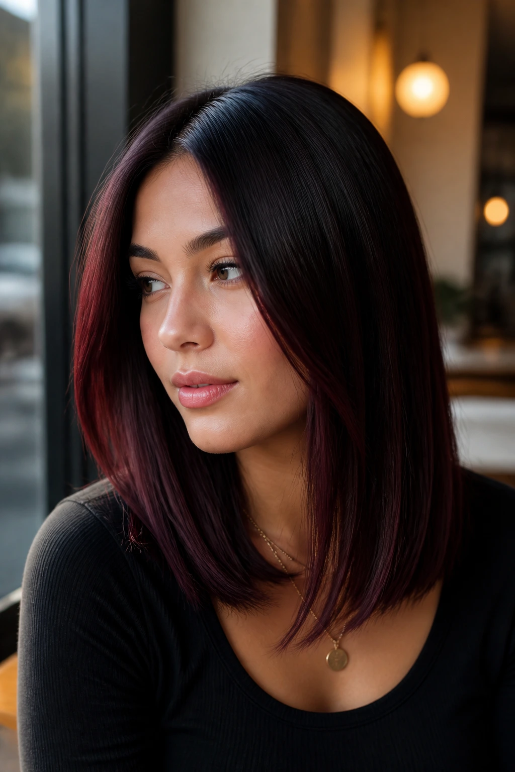 Close-up portrait of a real woman with cherry cola balayage on straight hair.