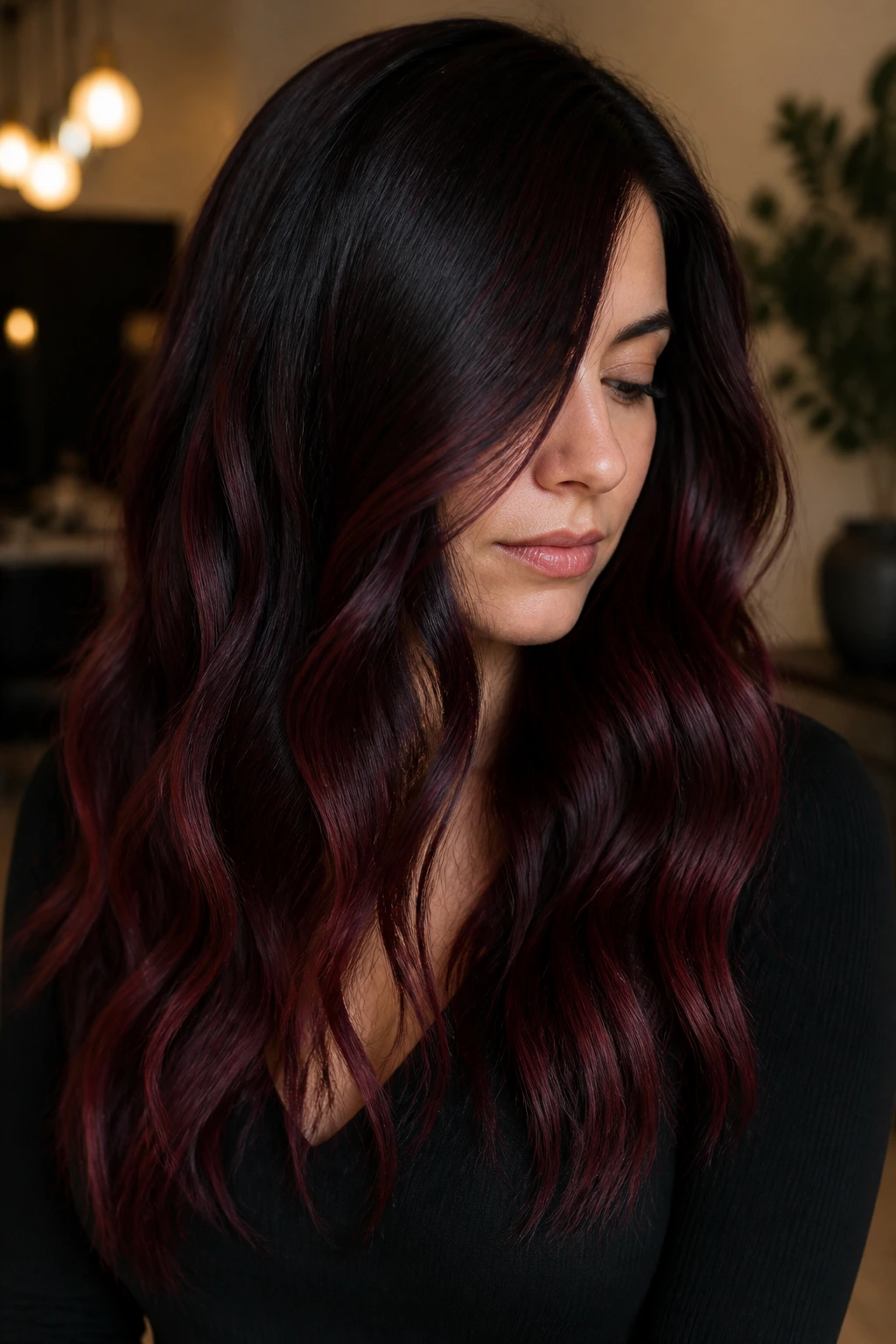 Close-up of cherry cola black hair with burgundy tones on a real person