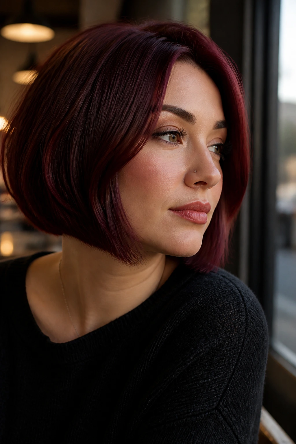 Portrait of a person with cherry cola bob under warm daylight
