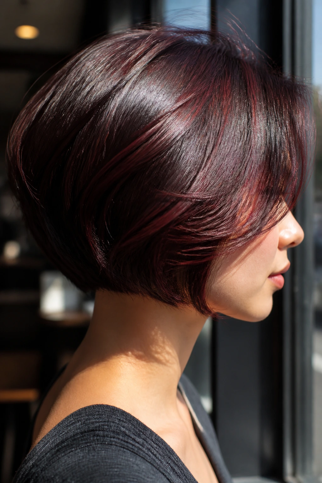 Side-profile of a person with cherry cola colored bob highlighted by side light