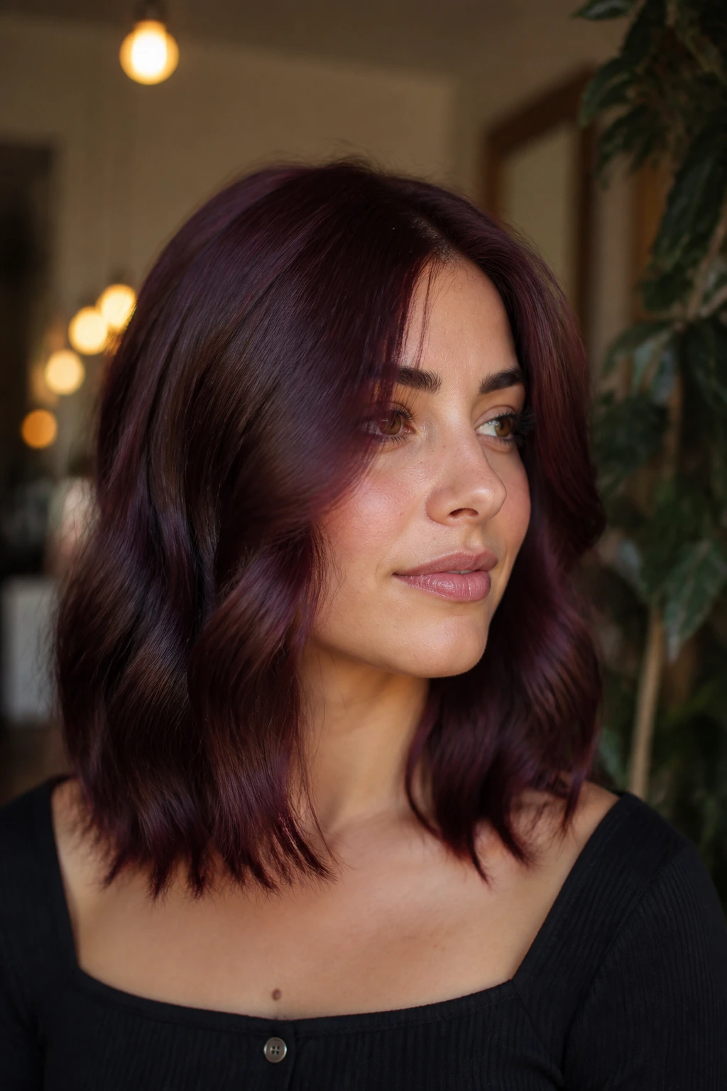 Close-up portrait of brunette with cherry cola brown and berry depth under warm indoor light