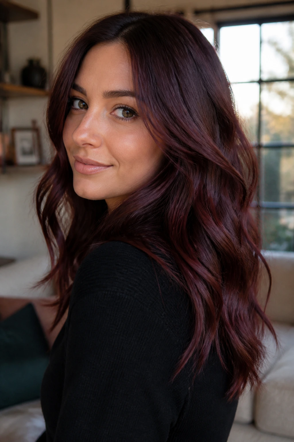Close-up of a real woman with cherry cola brown hair catching indoor light