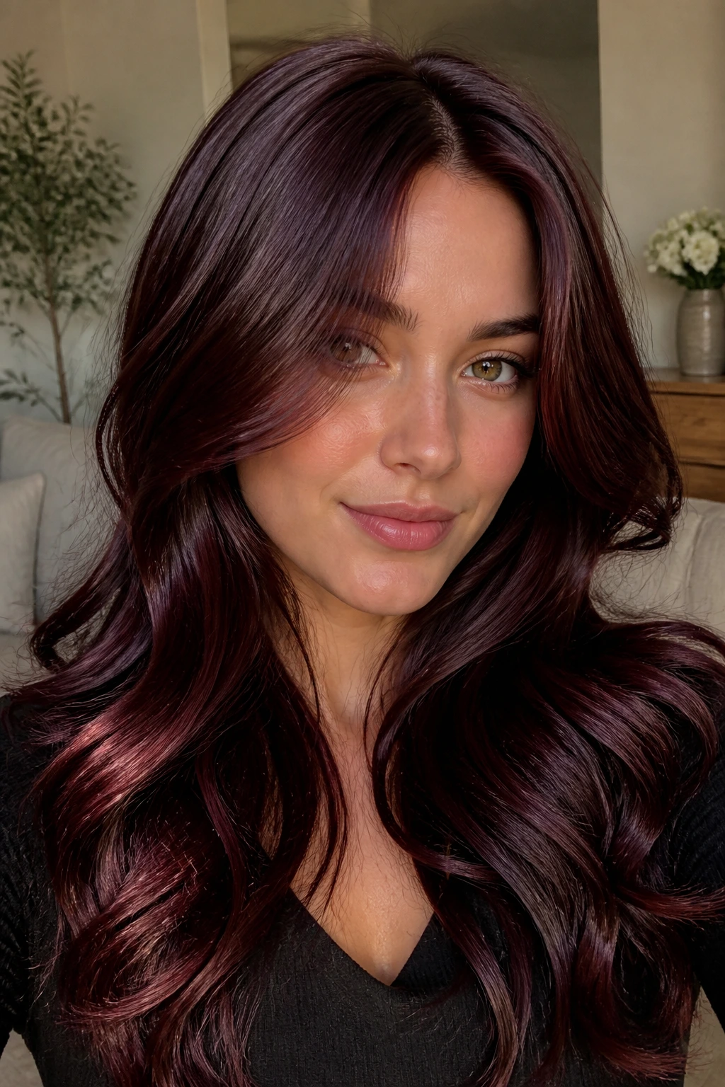 Close-up of a real woman with cherry cola brunette and red-violet reflections