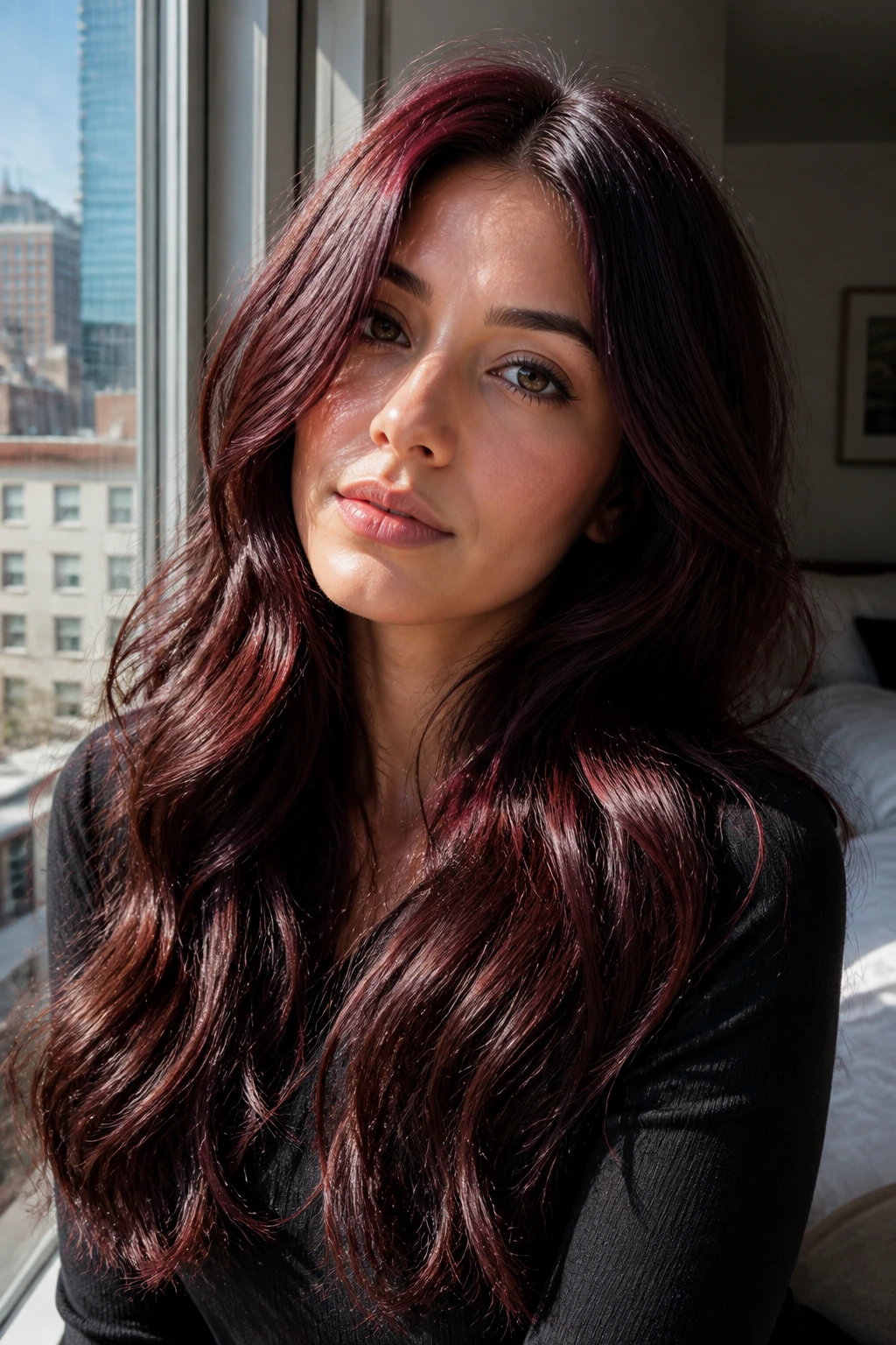 Portrait of a real woman with cherry cola burgundy-brown hair in daylight