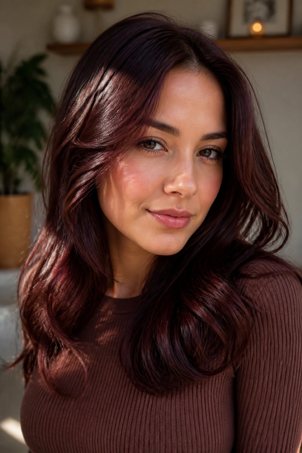 Close-up portrait of a real woman with cherry cola brunette hair showing burgundy undertones in warm window light