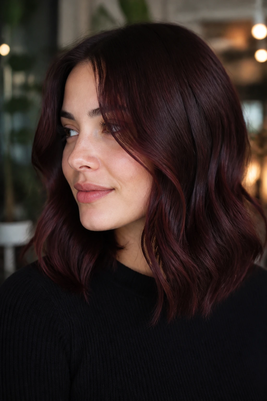 Portrait of cherry cola brunette with red-violet undertones.