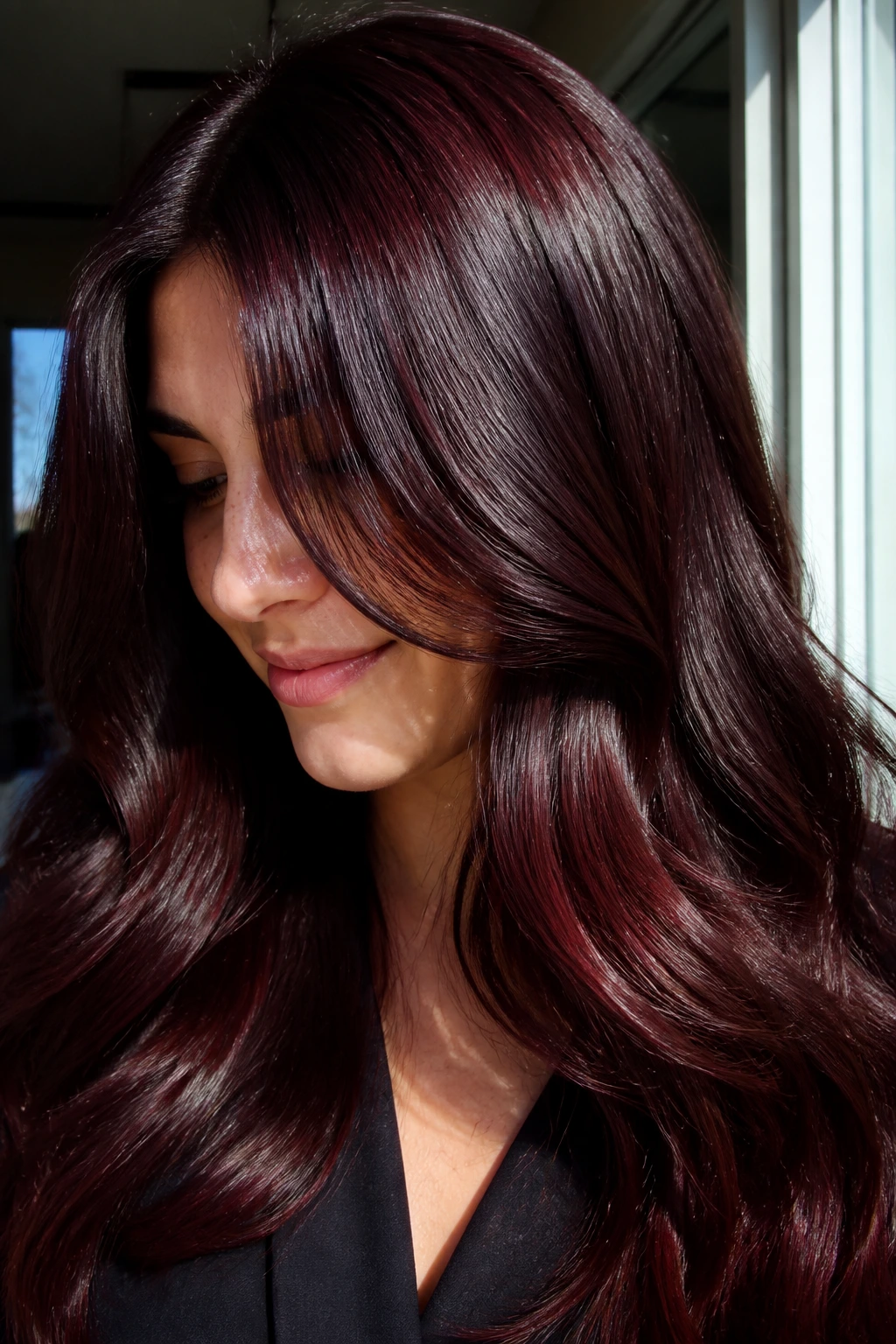 Close-up of cherry cola brunette with red-violet sheen and glossy finish