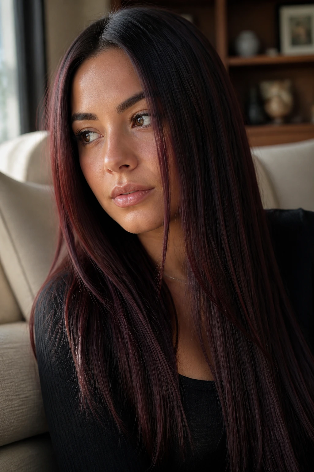 Close-up portrait of a real woman with Cherry Cola Brunette long straight hair and cherry-red reflections