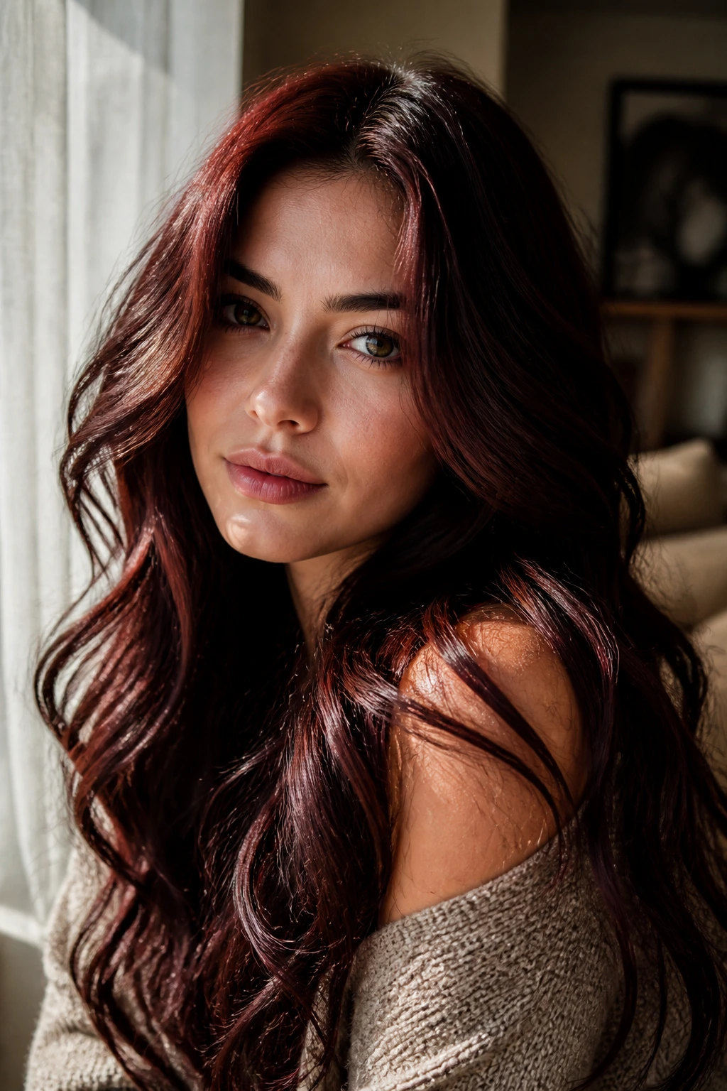 Close-up of a real woman's long brunette hair with a wine-red sheen catching light